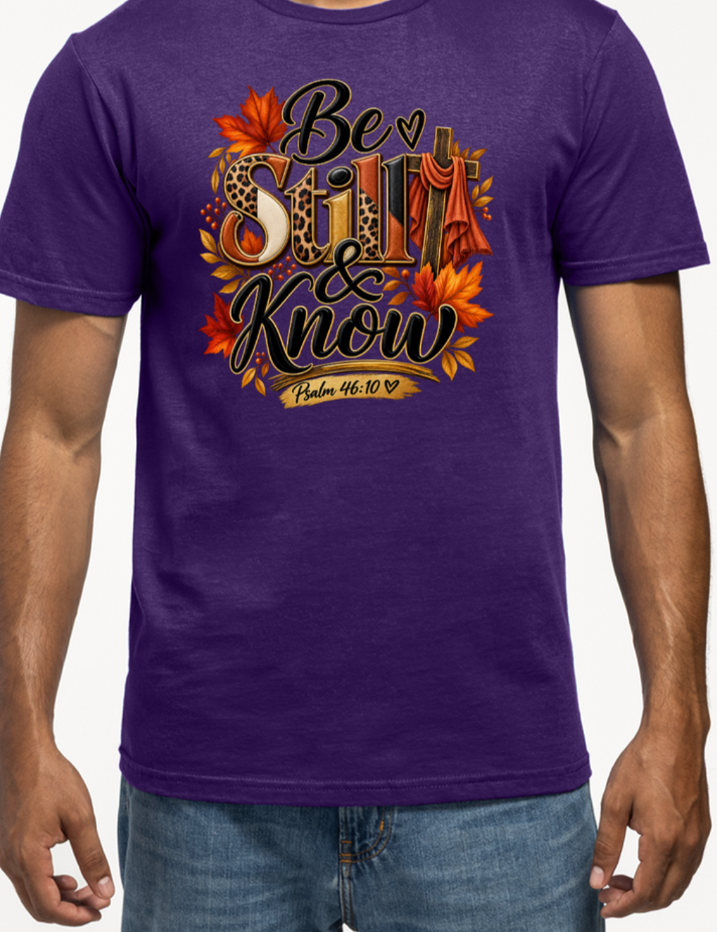 Purple Be Still and Know faith graphic tee